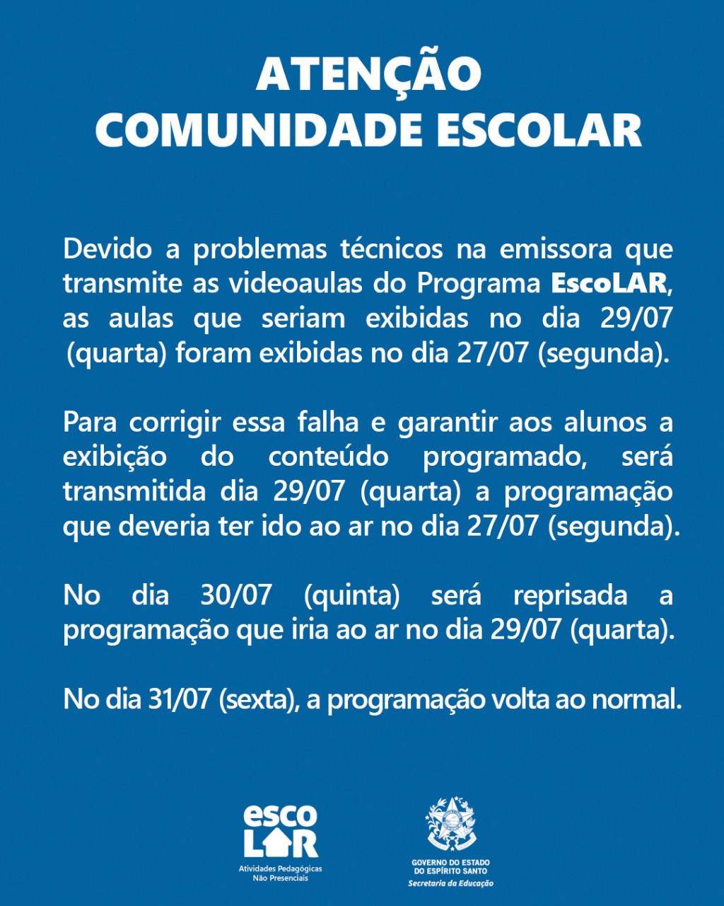 Comunicado - correção na exibição de videoaulas do EscoLAR